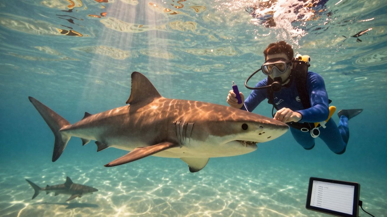 Mergulhador próximo a um tubarão numa água clara com raios de sol, observando e registando dados subaquáticos.