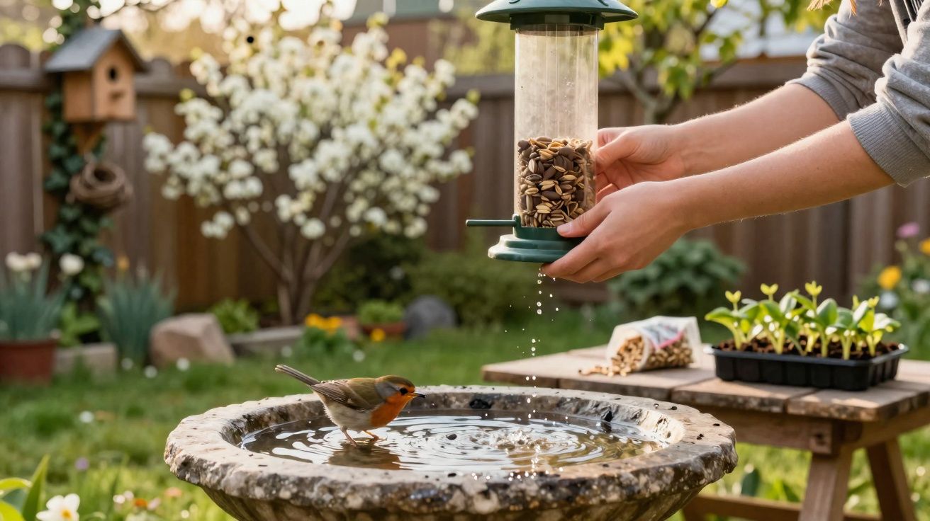 Pessoa a encher comedouro com sementes para pássaro junto a bebedouro de pedra num jardim florido.