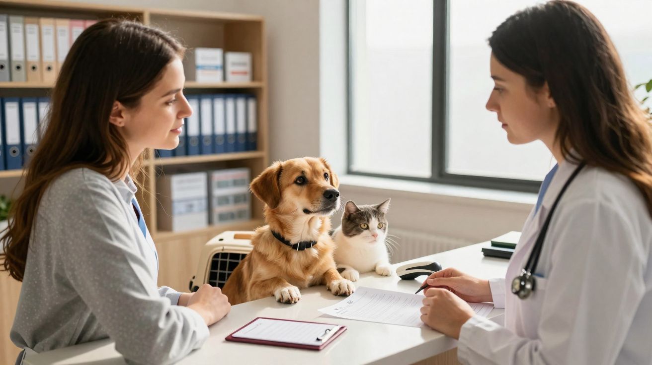 Dona com cão e gato numa consulta veterinária, veterinária em bata branca a analisar documentos.