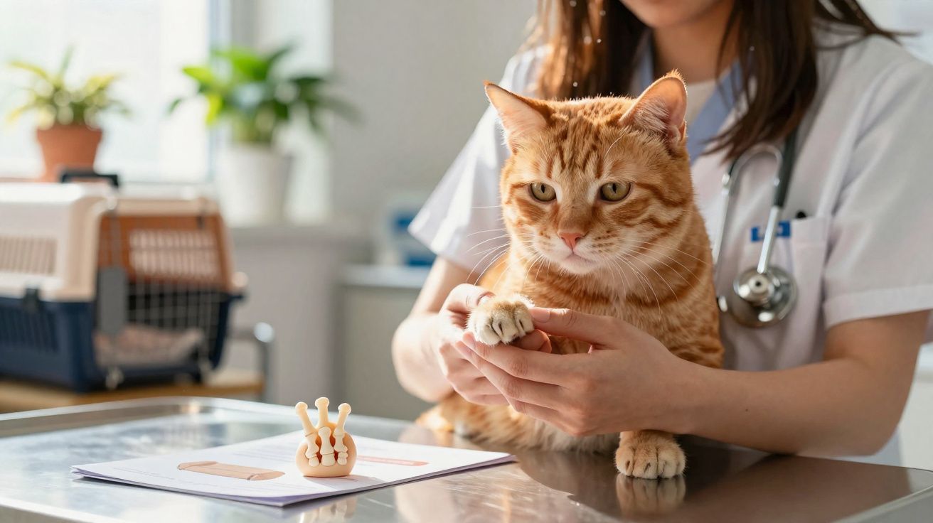Veterinária examina a pata de um gato laranja numa clínica, com uma tabela de ossos e uma transportadora ao fundo.