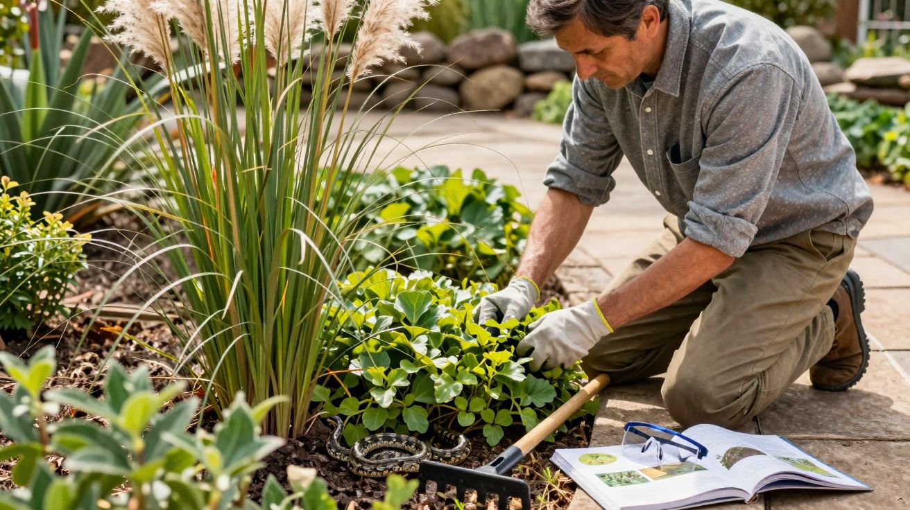 Homem a cuidar das plantas num jardim com revista aberta e ferramentas no chão.