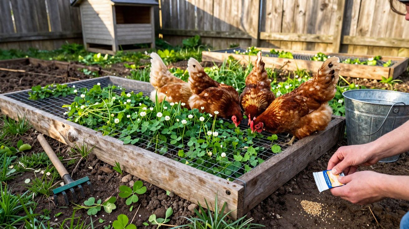 Galinha a comer vegetação numa horta com mãos a semear junto a um balde metálico.
