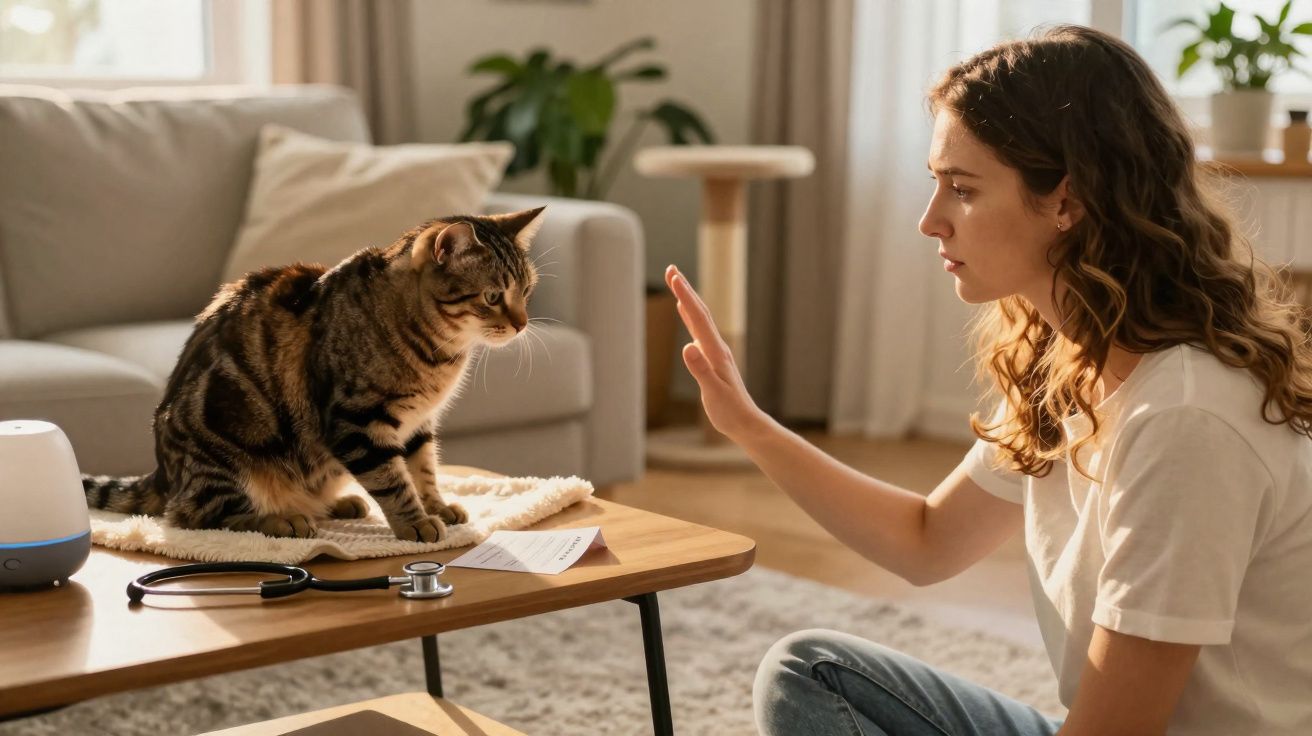Mulher sentada no chão a interagir com gato tigrado sobre mesa de madeira na sala iluminada.