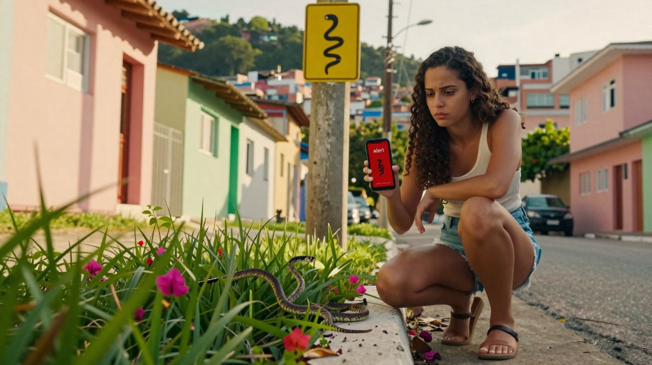 Mulher ajoelhada na berma da estrada observa uma cobra enquanto mostra alerta no telemóvel.