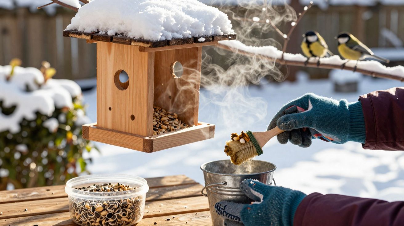 Mãos com luvas a colocar alimento para pássaros numa casa de madeira coberta de neve e dois pássaros no ramo.