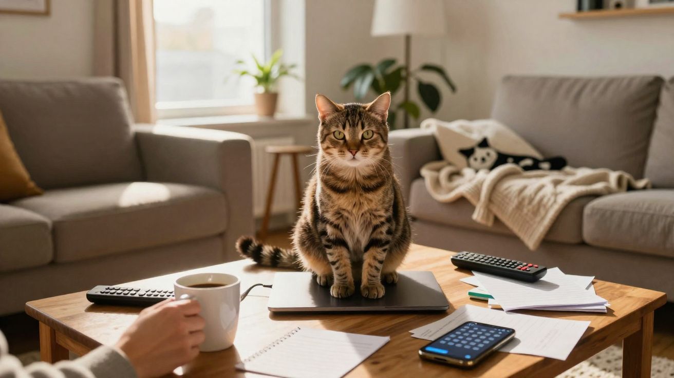 Gato tigrado sentado em cima de portátil numa mesa de centro com caderno, comando e mão humana a segurar chávena.