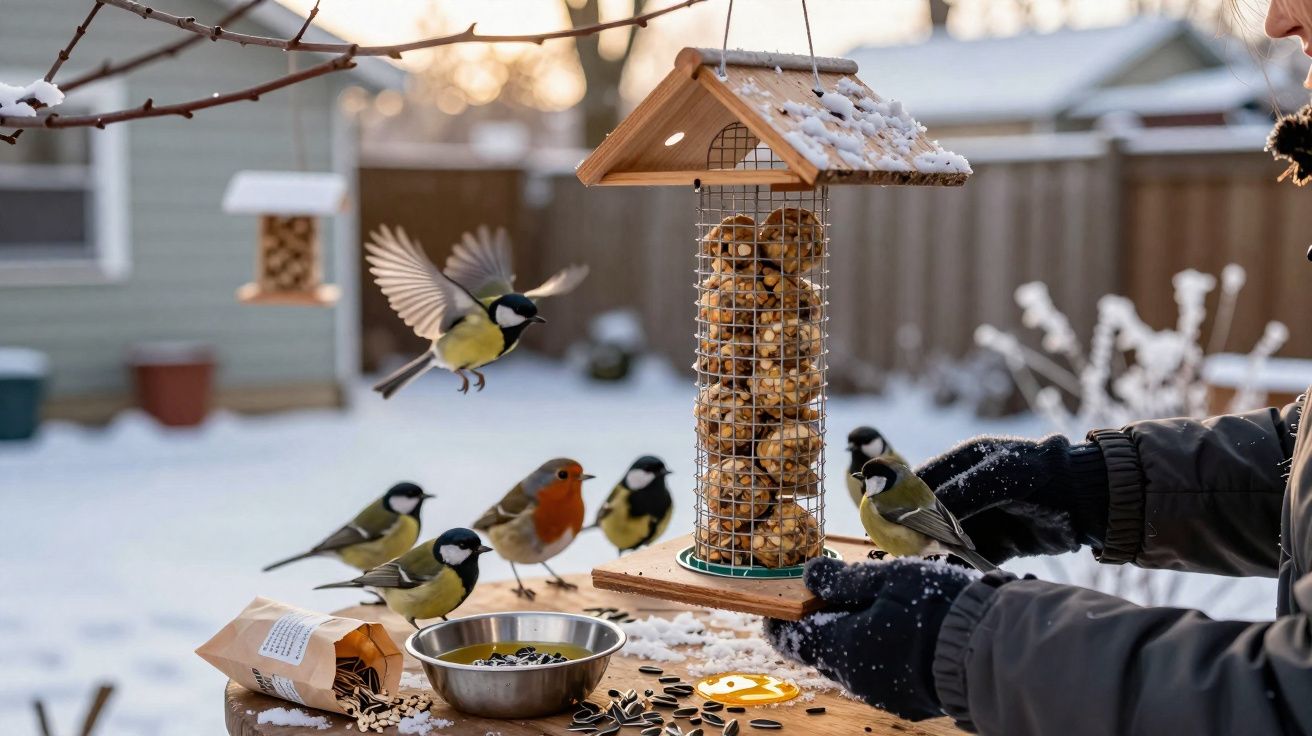Pássaros a alimentar-se num comedouro de sementes e nozes numa área exterior com neve no Inverno.
