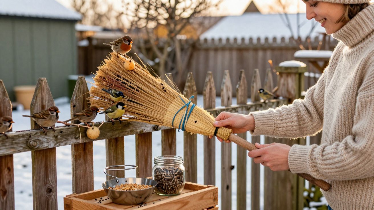 Pessoa a alimentar pássaros com sementes, usando uma vassoura de palha num jardim com neve e cerca de madeira.