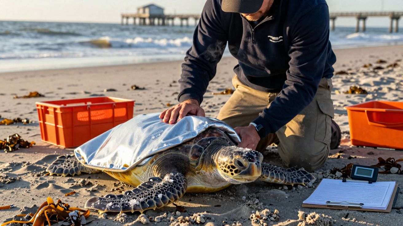 Homem a examinar e proteger tartaruga-marinha na praia com equipamentos e prancheta ao lado.
