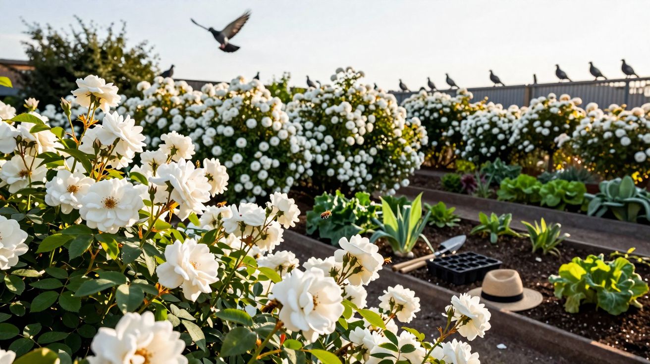 Jardim com rosas brancas em flor, canteiros de plantas e pombos espalhados e a voar.