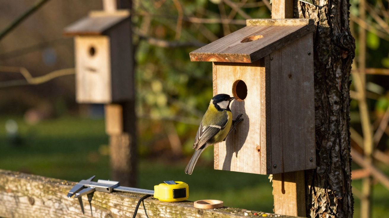 Pássaro pousado na entrada de uma casinha de madeira para pássaros numa árvore, ao ar livre.