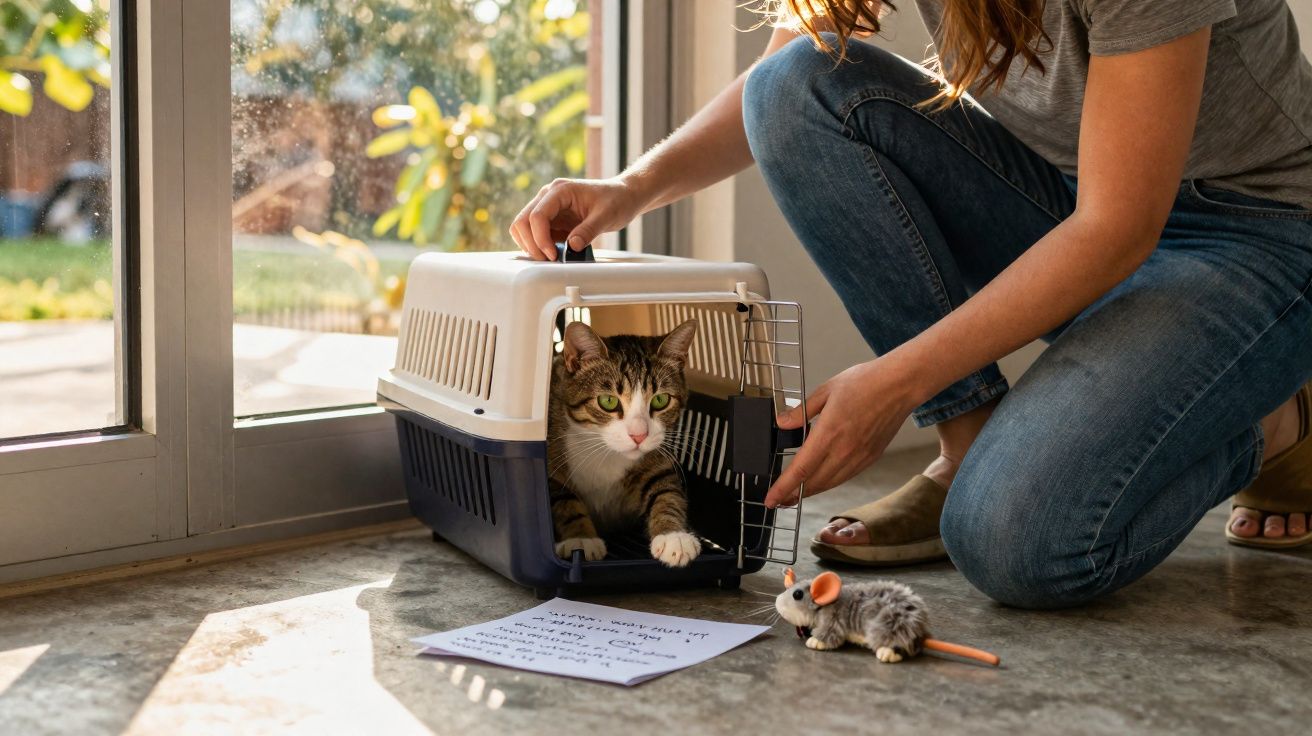 Gato dentro de transportadora com mulher a abrir a porta junto a brinquedo de rato e nota no chão.