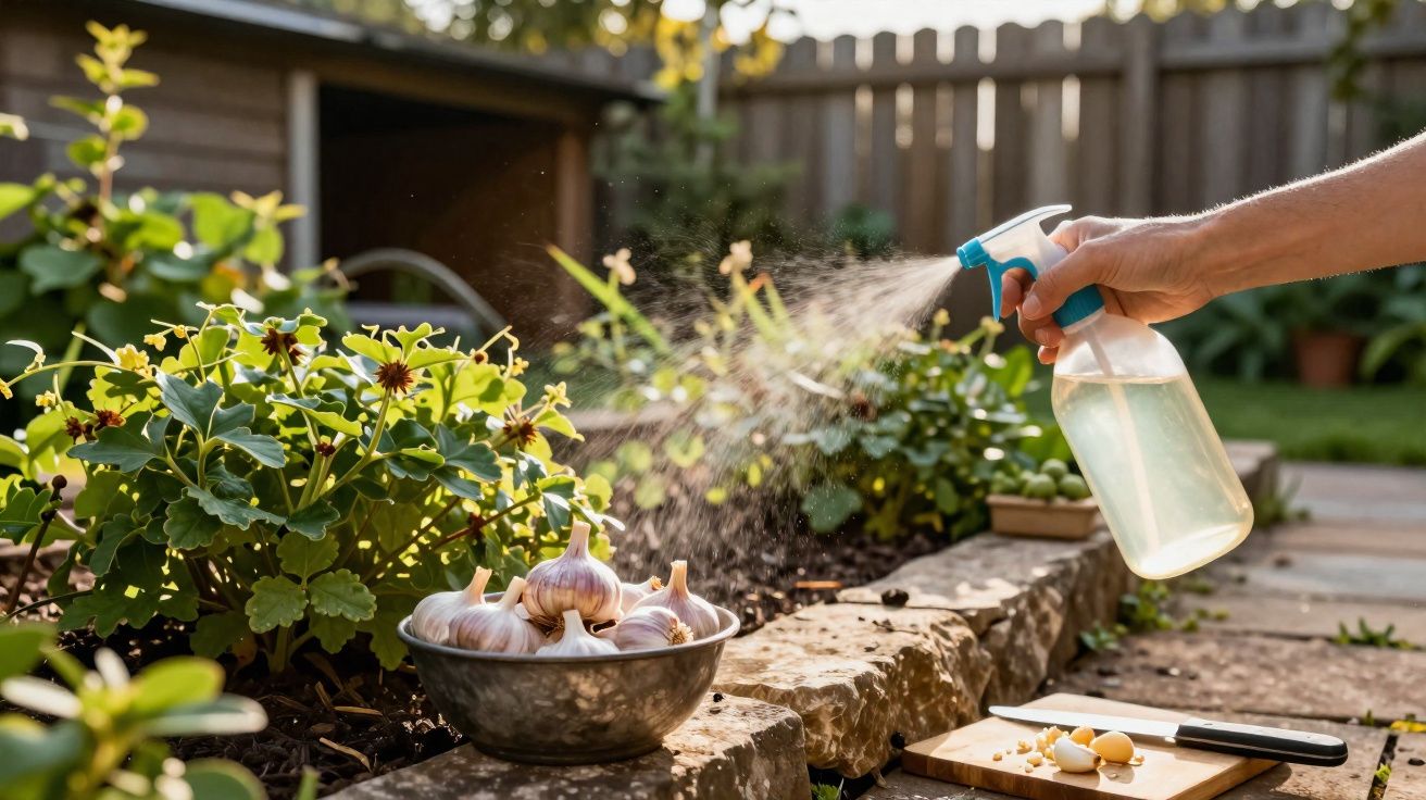 Mão a pulverizar líquido sobre alho num jarro metálico num jardim com plantas e sol.