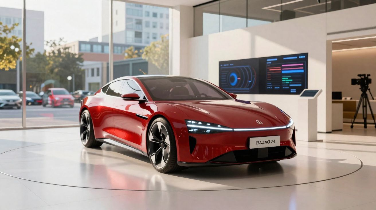 Carro desportivo elétrico vermelho com design moderno em exposição numa sala luminosa e tecnológica.