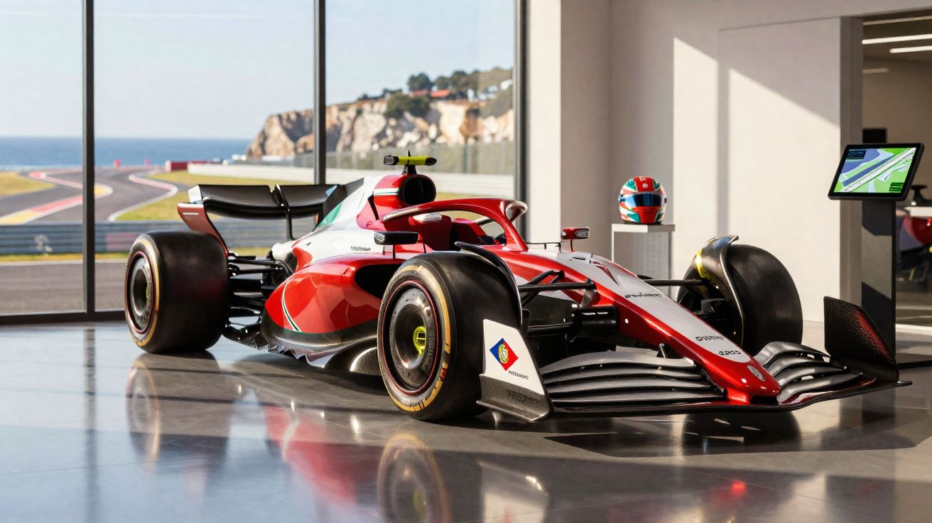 Carro de Fórmula 1 vermelho e branco estacionado num espaço interior com vista para uma pista de corrida.