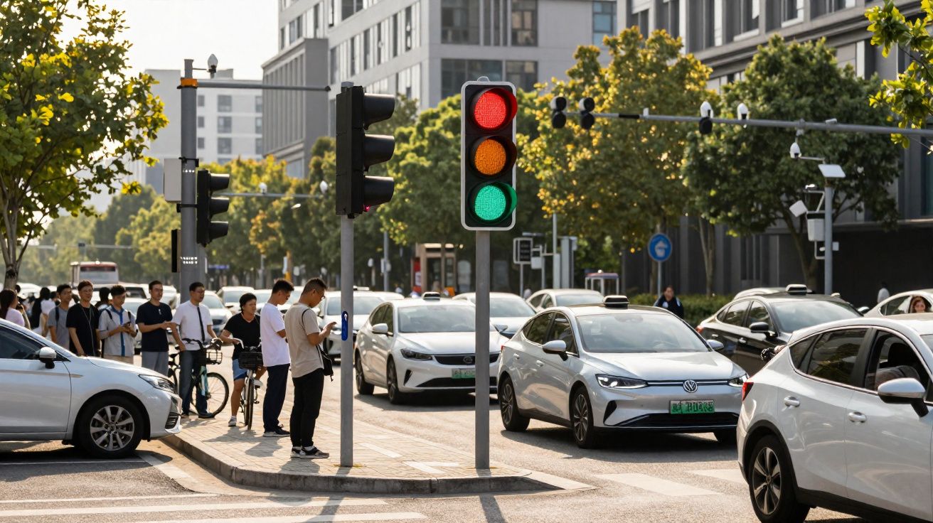 Semáforo com luz verde, peões à espera e carros num cruzamento urbano com edifícios e árvores ao fundo.
