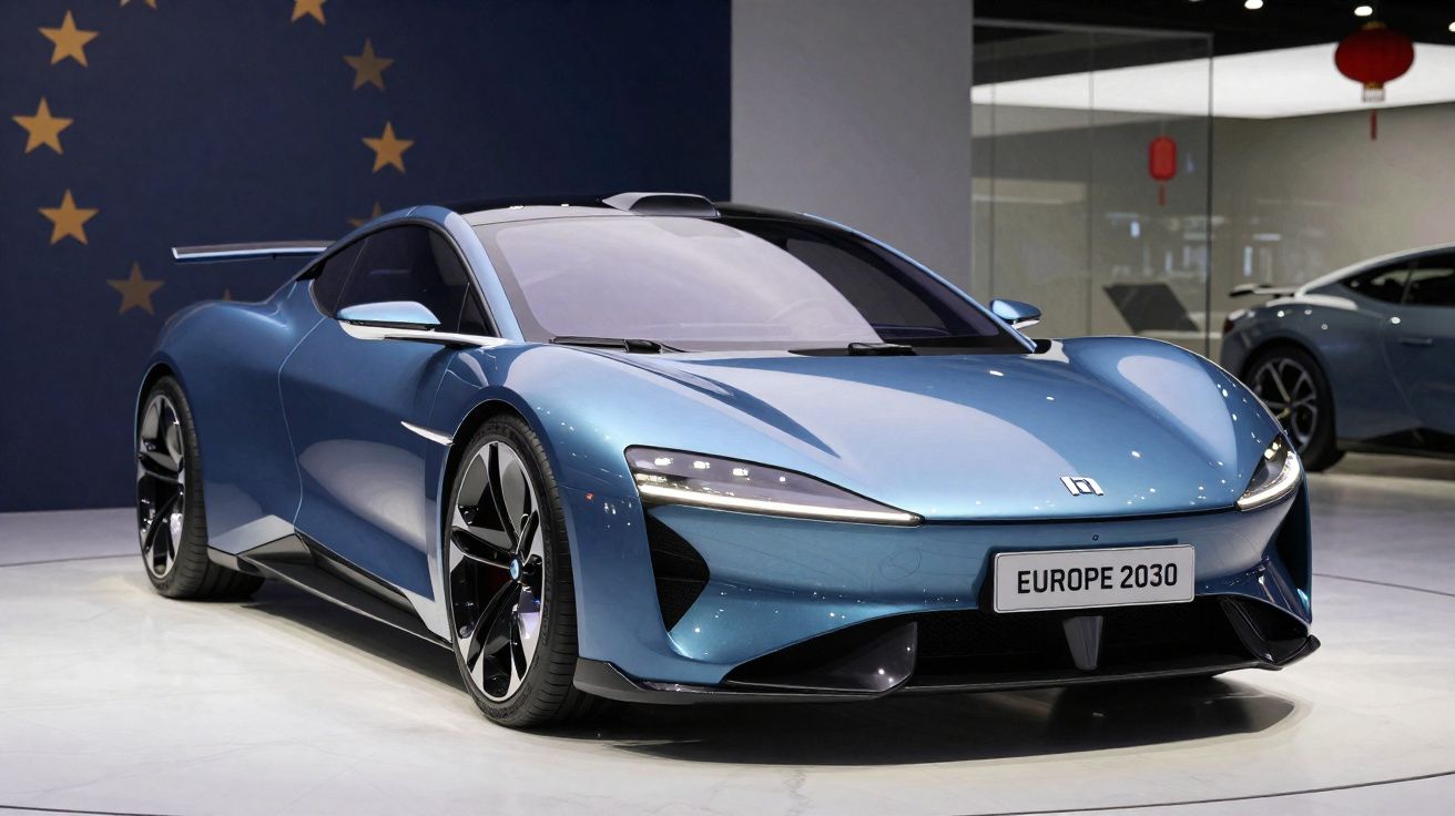 Carro desportivo azul futurista exposto em salão com placa "EUROPE 2030" e estrelas da UE ao fundo.