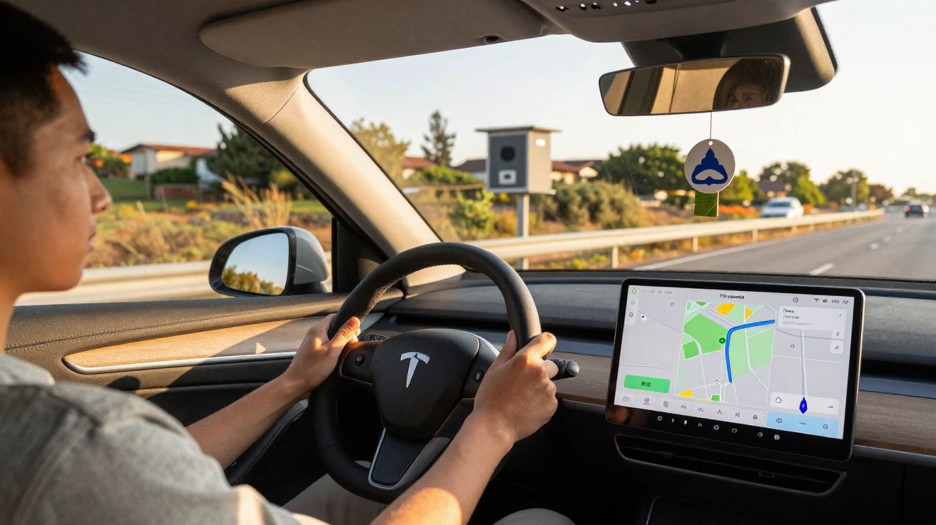 Pessoa a conduzir um carro Tesla com sistema de navegação a mostrar rota num ecrã tátil no painel.