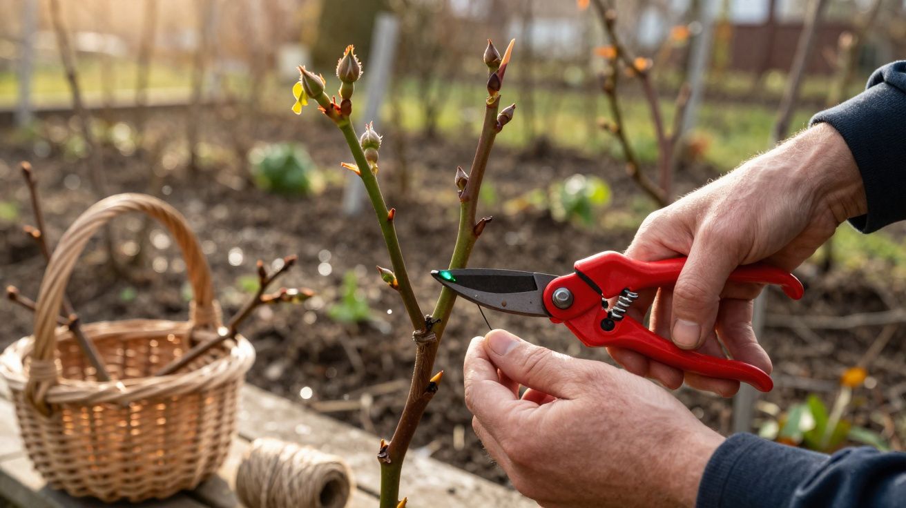 Pessoa a podar ramos finos de uma planta com uma tesoura de poda num jardim ao ar livre.