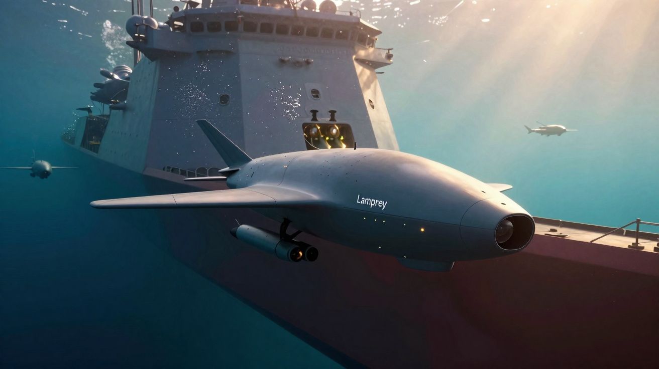 Drone subaquático autónomo com nome "Lamprey" a emergir de um submarino moderno.