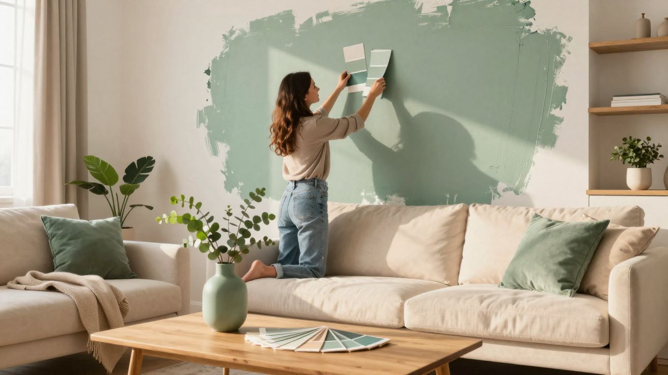 Mulher a escolher tons de verde para pintar a parede numa sala acolhedora com sofá e mesa de madeira.