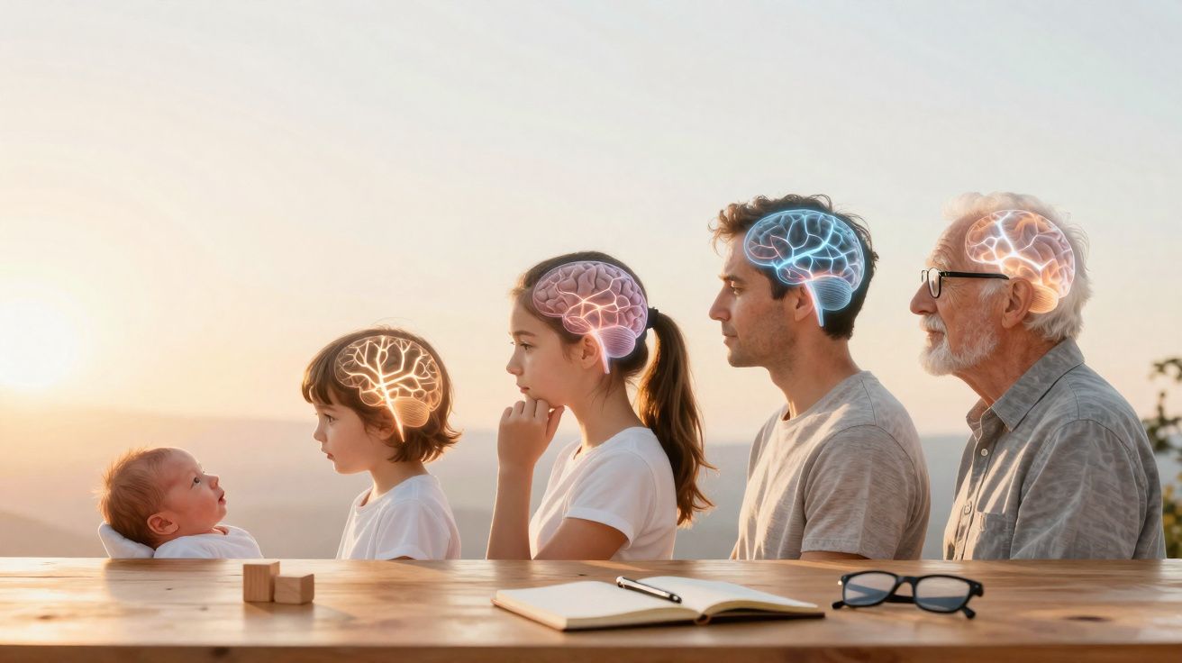 Bebé, criança, jovem, adulto e idoso sentados em fila, com cérebros iluminados a simbolizar diferentes idades.