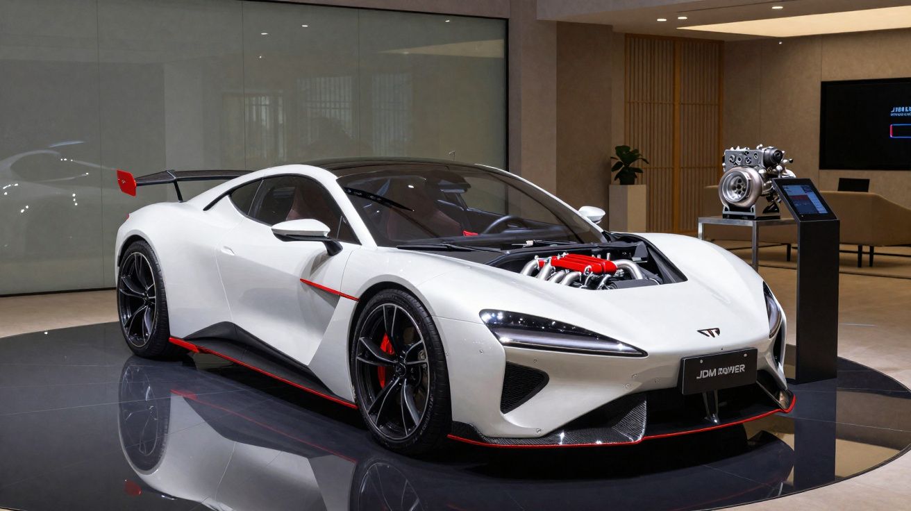 Carro desportivo branco exposto em salão com capot transparente revelando motor e detalhes em vermelho.