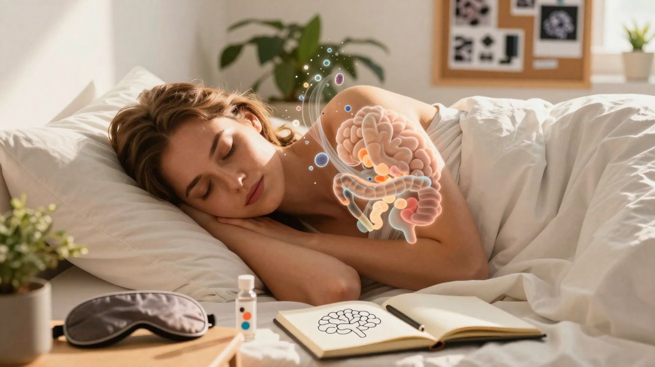 Mulher a dormir de lado, com ilustração digital do cérebro e intestinos no seu ombro, junto a máscara de dormir na mesa.