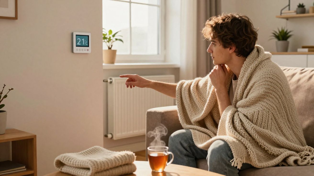 Homem sentado no sofá a regular termóstato, envolto em manta numa sala acolhedora.