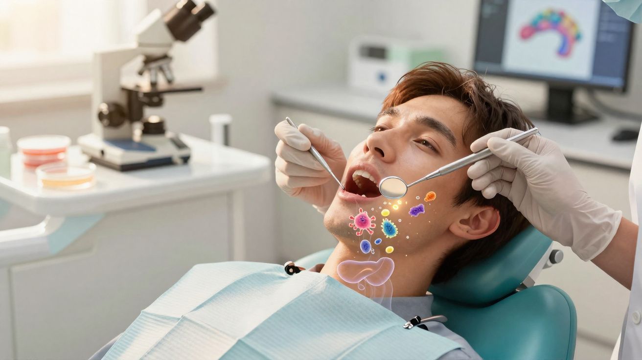 Paciente jovem numa consulta dentária com ilustrações de microrganismos na boca durante o exame.