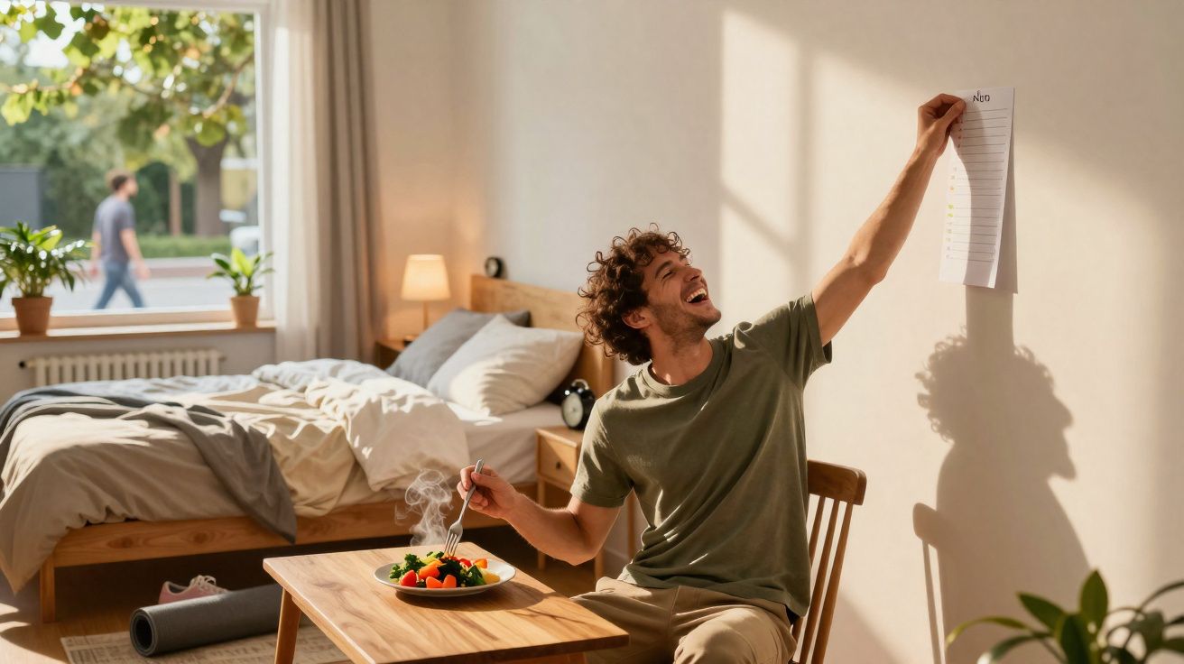 Homem sorridente sentado a comer vegetais enquanto segura lista de tarefas junto à parede iluminada pelo sol.