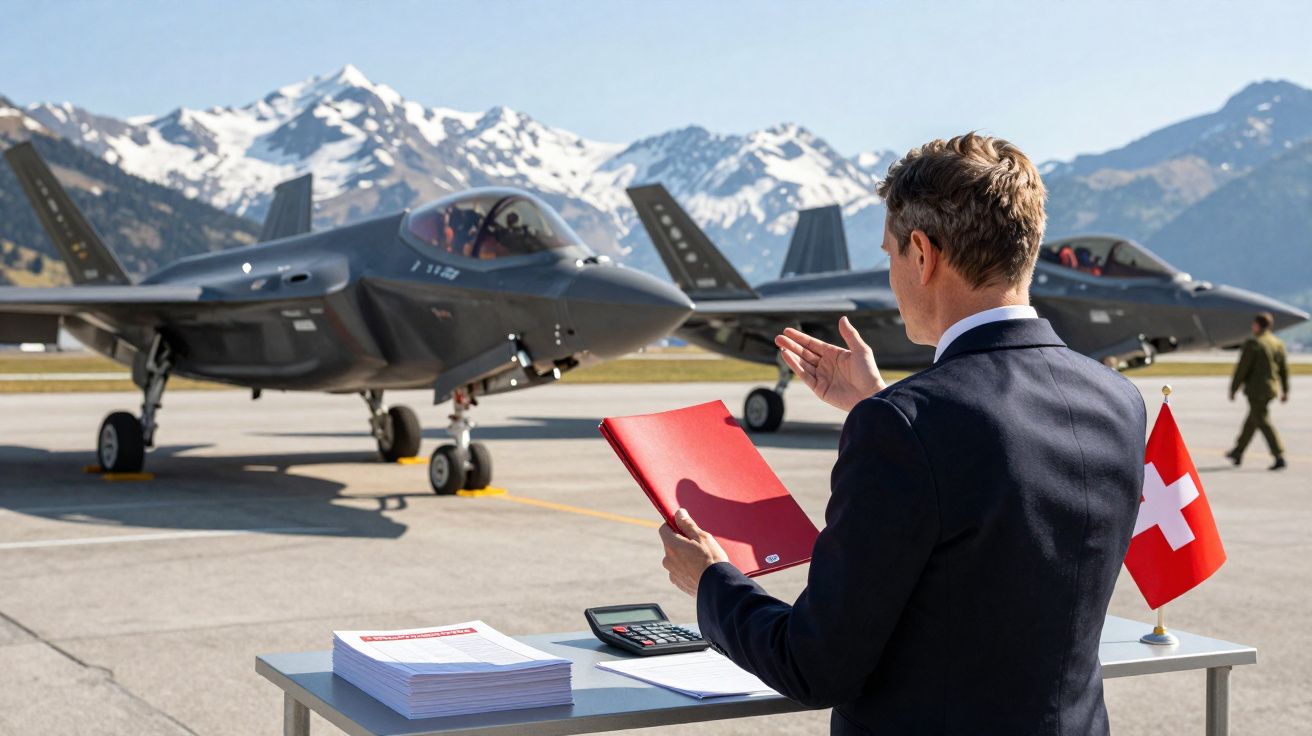 Homem de terno com pasta vermelha em frente a mesa e dois aviões de caça num aeroporto militar com montanhas ao fundo.