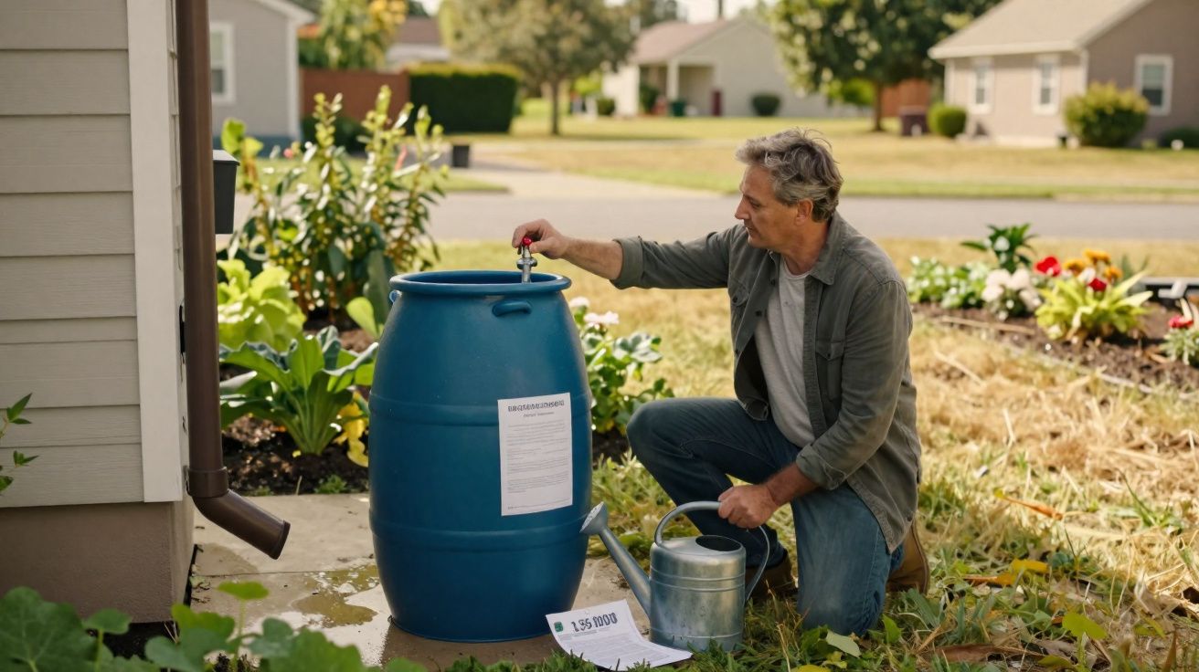 Homem a recolher água da chuva num contentor azul para regar plantas no jardim de uma casa.