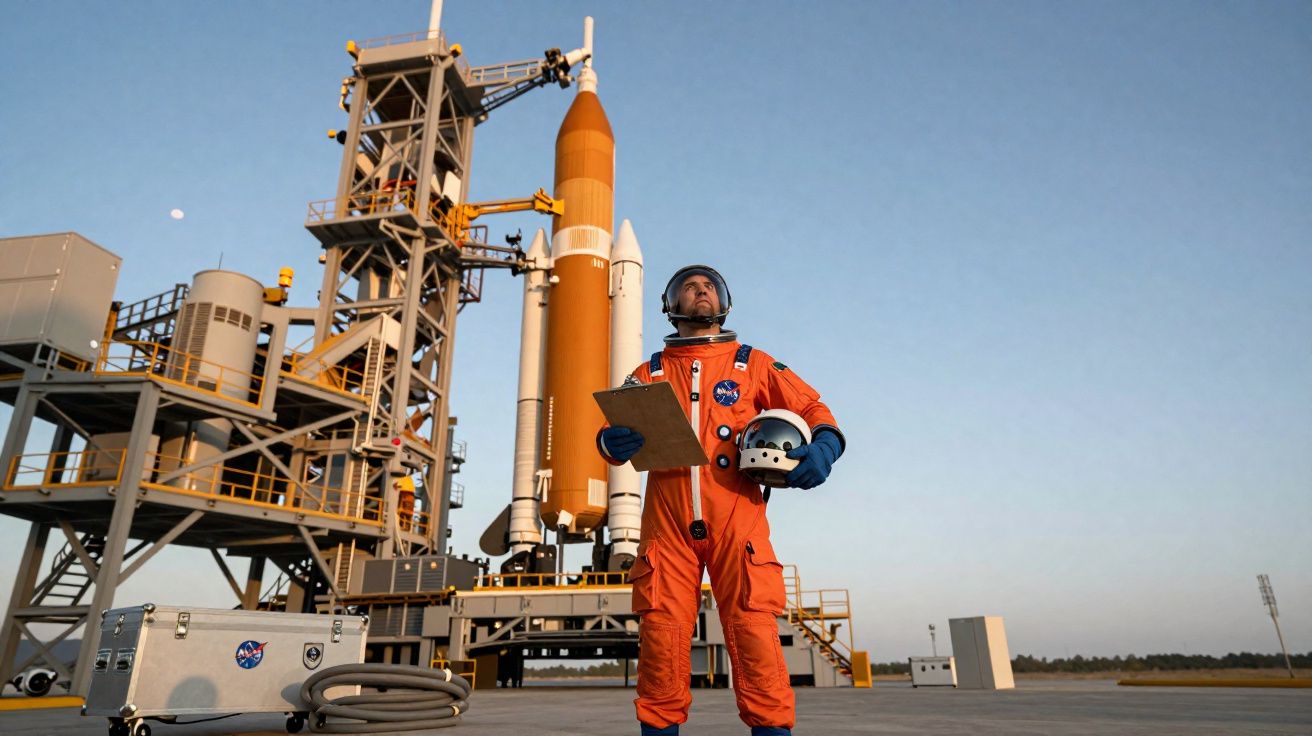 Astronauta de fato laranja com capacete na mão, em frente a foguetão na plataforma de lançamento ao amanhecer.