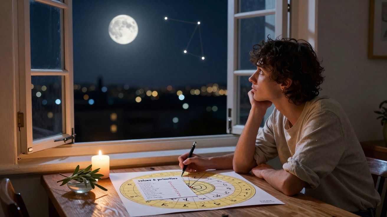 Jovem contemplando a lua cheia e um mapa astrológico numa mesa iluminada por vela à noite.