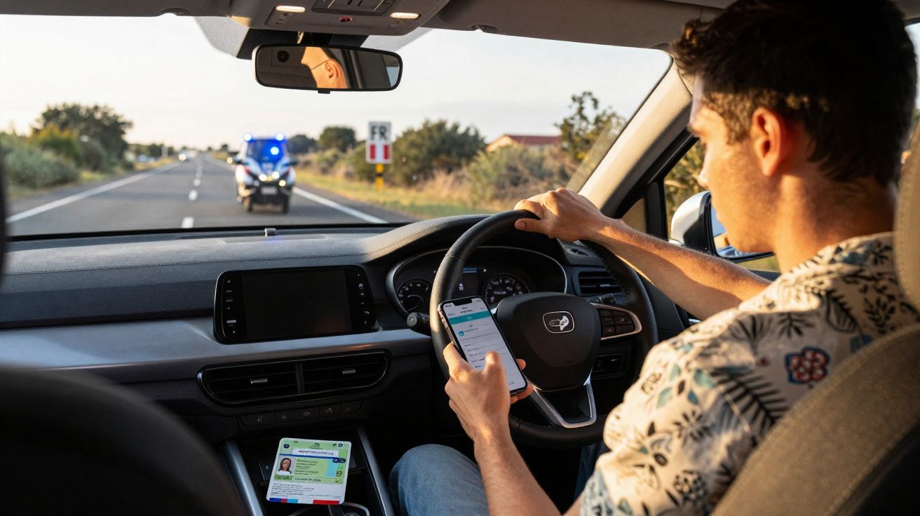 Homem ao volante usa telemóvel enquanto uma viatura policial se aproxima com luzes ligadas.