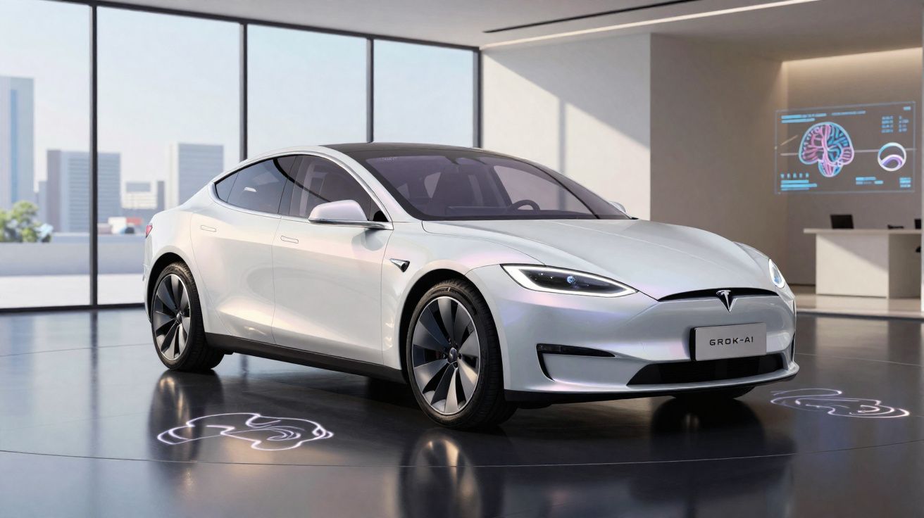 Carro elétrico branco Tesla Model S numa sala moderna com janelas amplas e projeções futuristas no chão e parede.