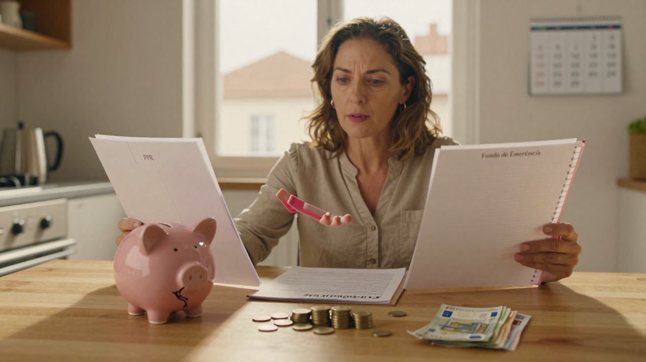 Mulher preocupada analisa contas com cofrinho, moedas e notas numa mesa de cozinha iluminada.