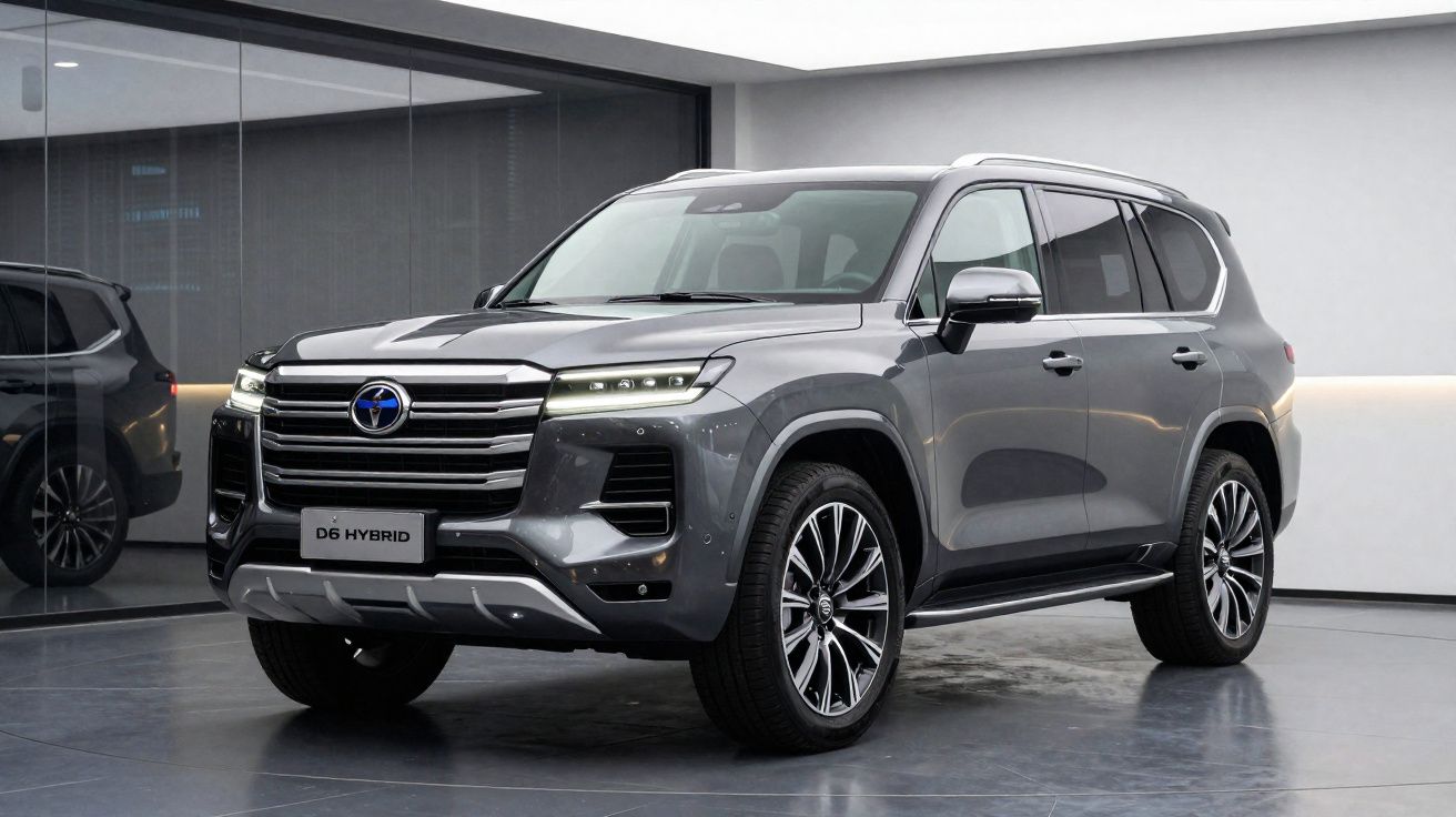 SUV híbrido cinzento estacionado em espaço moderno com luz natural e paredes brancas.