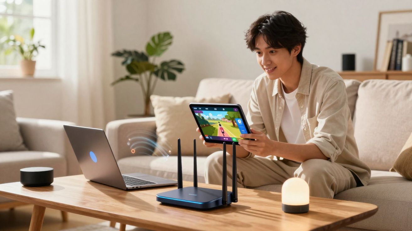 Pessoa jovem a usar tablet junto a router e portátil numa sala de estar luminosa e confortável.