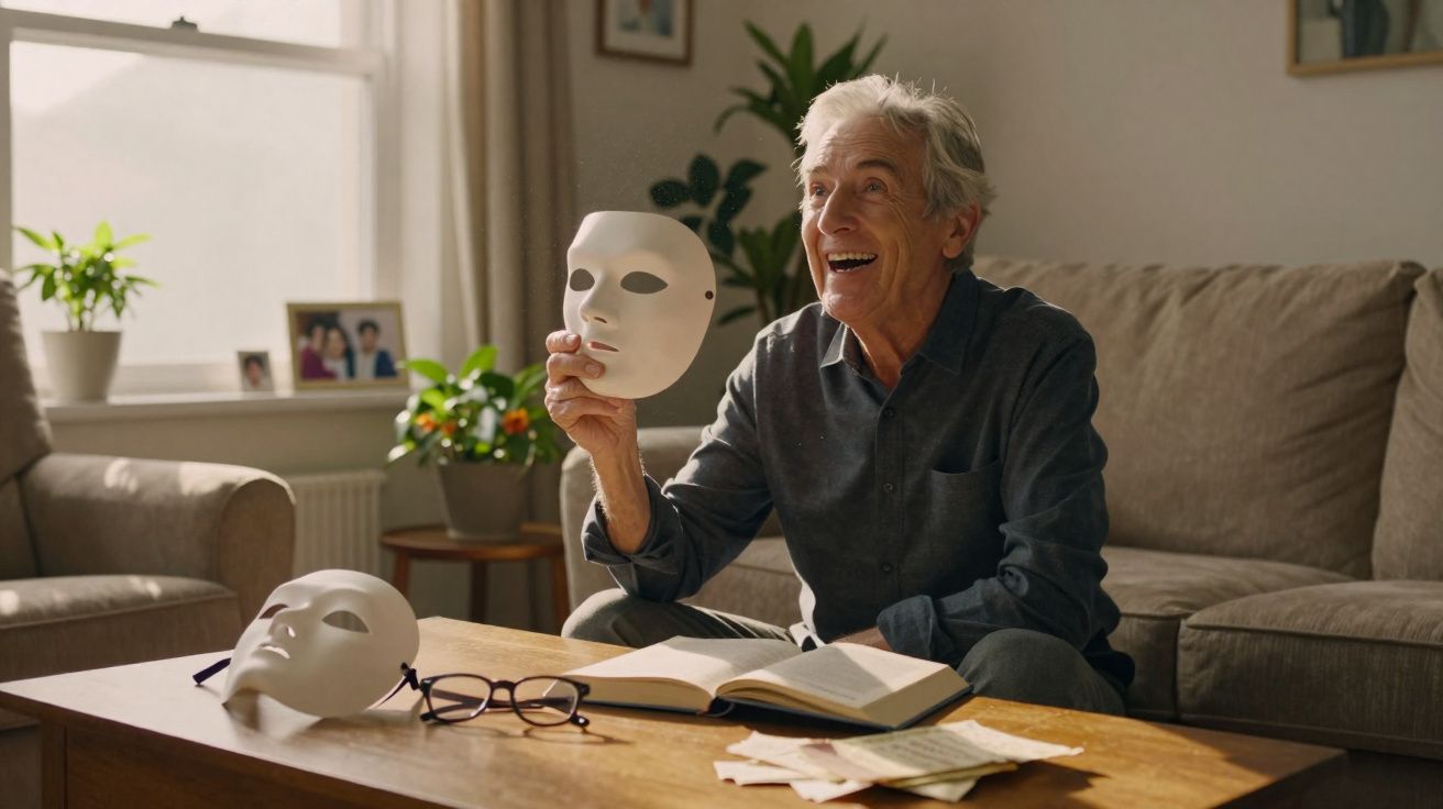 Homem idoso sentado no sofá com máscara branca na mão, sorrindo, com livros e óculos à frente.