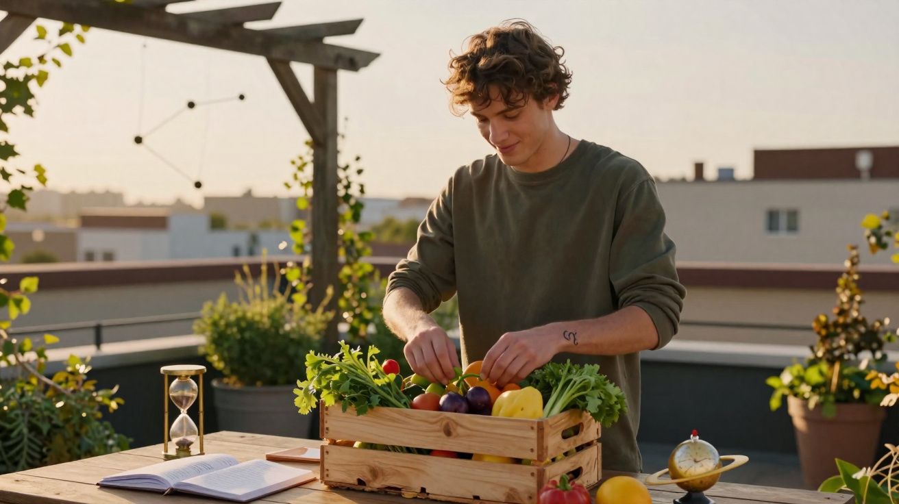 Homem a organizar legumes numa caixa de madeira numa varanda com plantas e livro aberto.