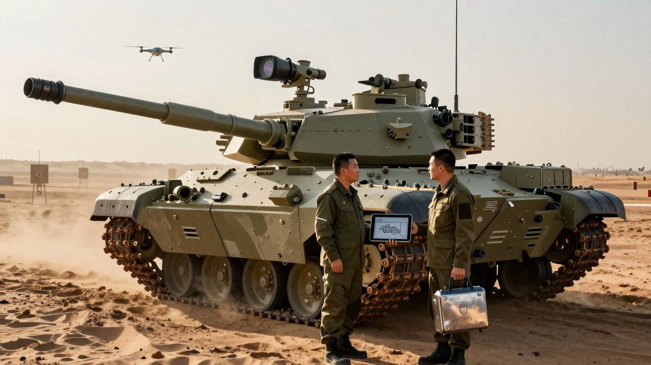 Dois soldados junto a um tanque militar no deserto, com um drone a sobrevoar ao fundo.