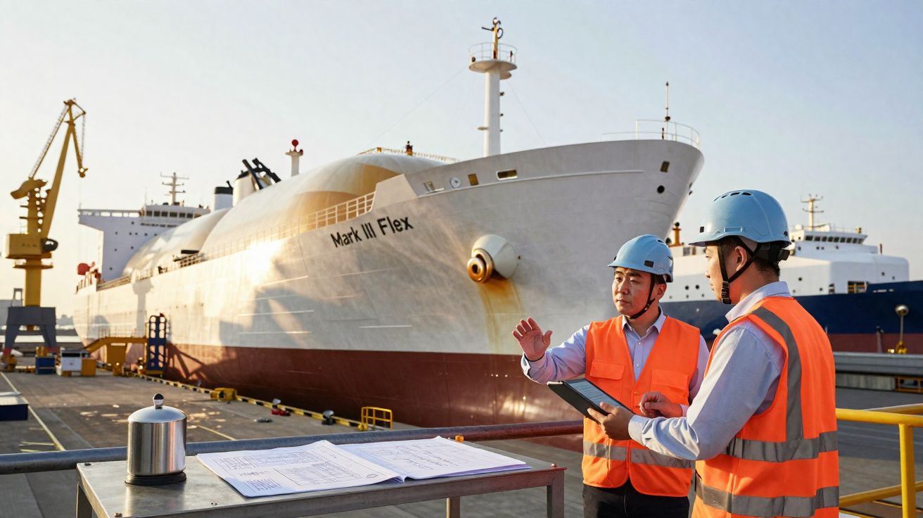 Dois trabalhadores com capacetes e coletes refletores discutem junto a um navio de grande porte no porto.