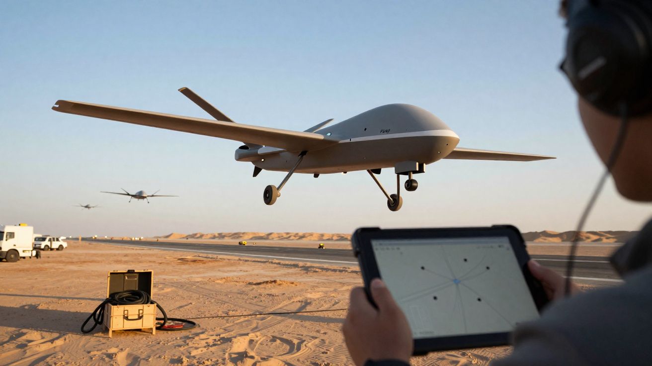 Drone militar a descolar no deserto enquanto operador controla com tablet e fones de ouvido.