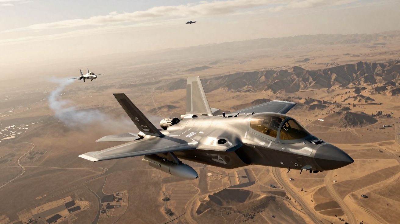 Aviões de caça a sobrevoar uma paisagem desértica com montanhas ao fundo num céu nublado.