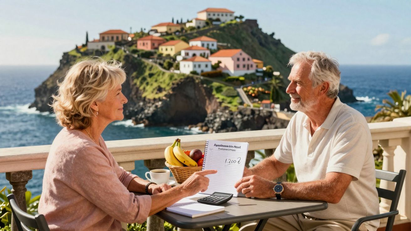 Casal sénior sentado à mesa exterior com vista para casa na colina junto ao mar, planeando finanças.