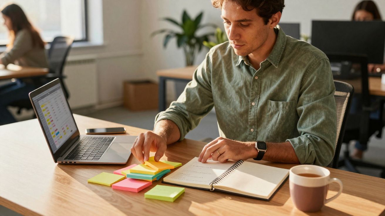 Homem a trabalhar com cadernos, post-its coloridos e portátil num escritório moderno e luminoso.