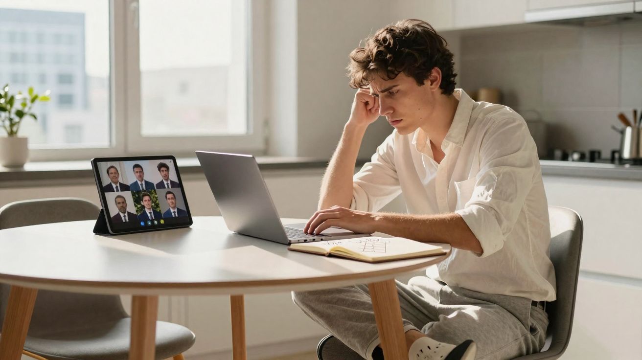 Jovem preocupado a trabalhar à mesa com portátil e reunião de vídeo em tablet numa sala iluminada.
