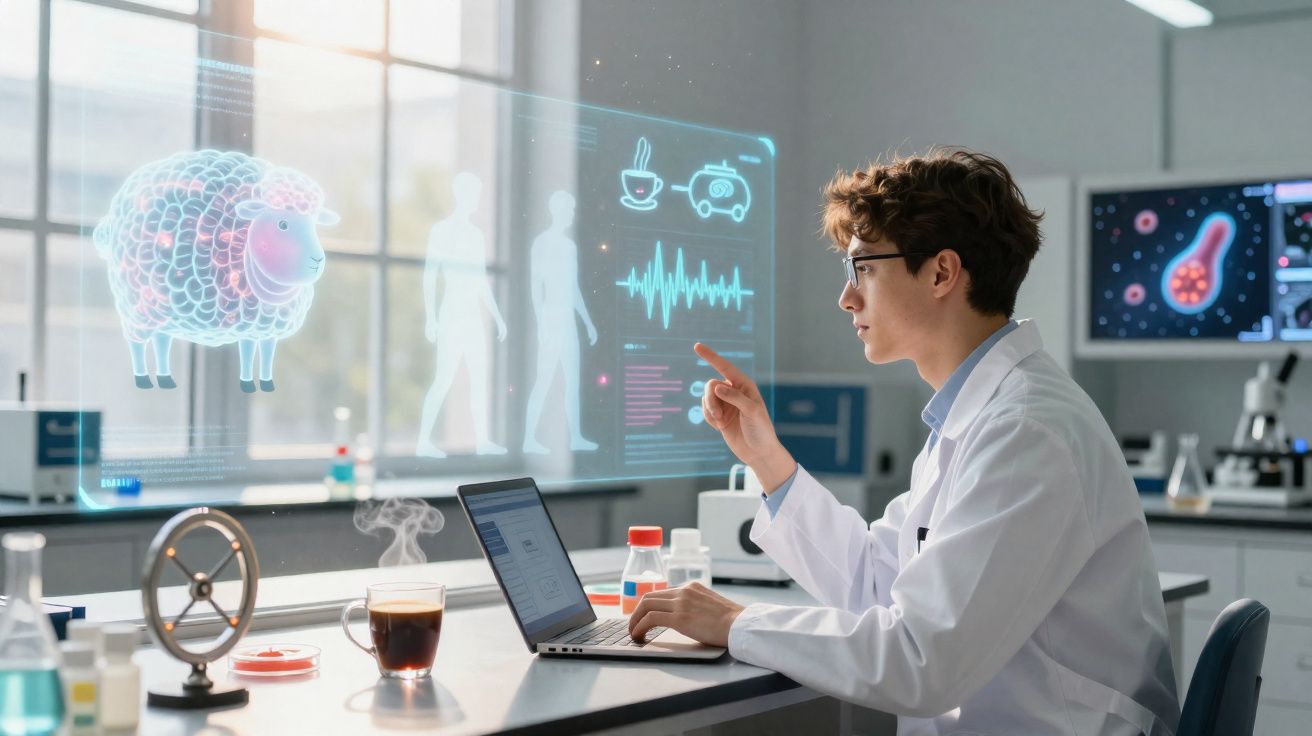 Cientista em laboratório interage com hologramas de ovelha, figuras humanas e dados no ecrã transparente.
